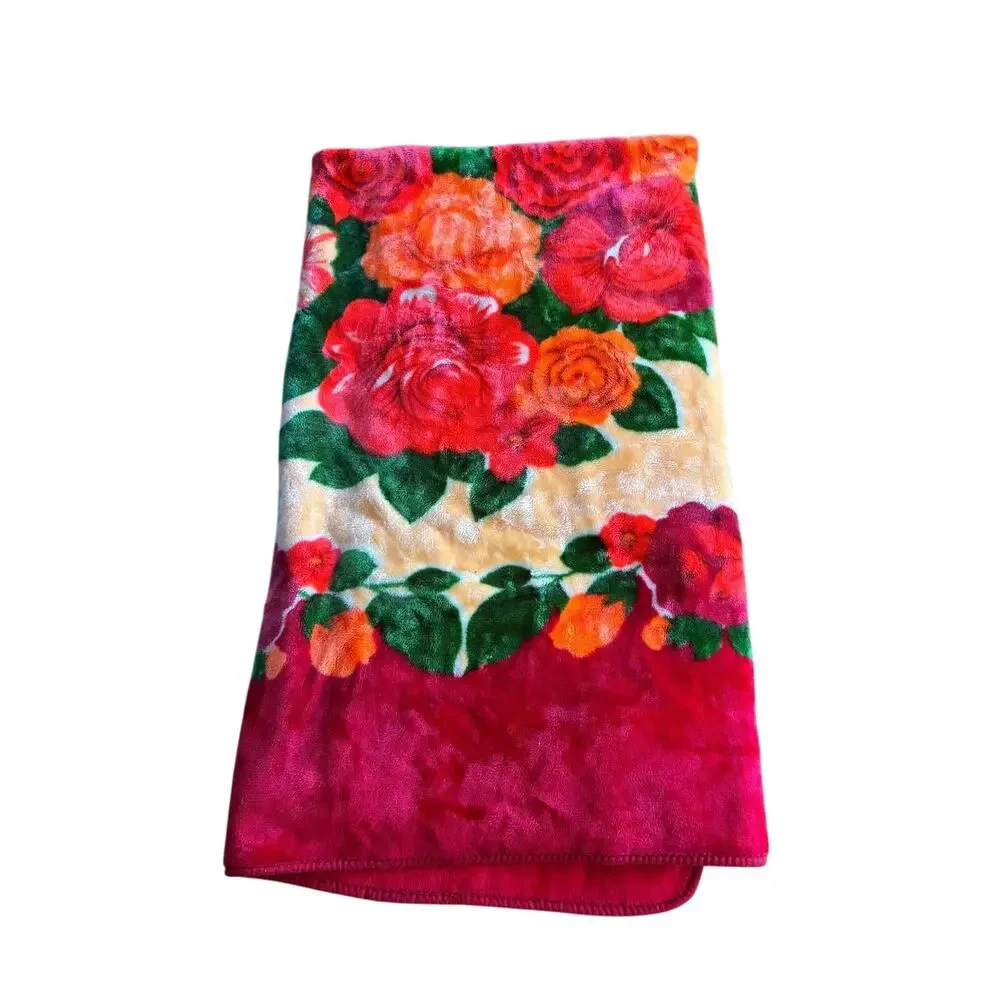 Vintage Wonu Korean mink reversible blanket vibrant red rose floral 73x88”